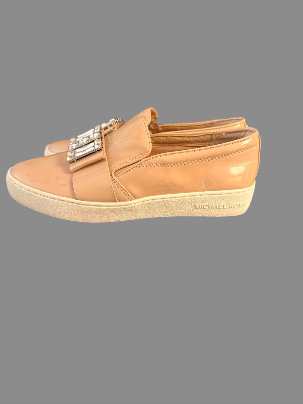 Michael Kors Taupe Patent Slip On Sneakers Crystal Embellished Shoes Size 6 - Picture 8 of 12